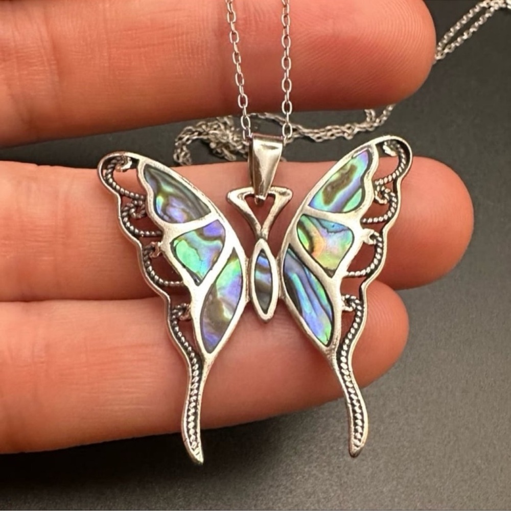 Designer EJI Paua Abalone Shell Butterfly Sterling Silver Necklace